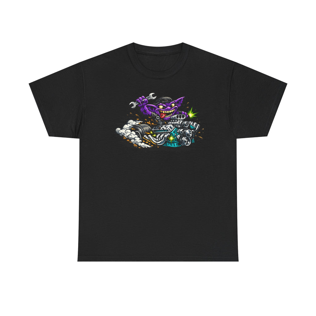 Black biker cat graphic T-shirt with grinning cat on a motorcycle