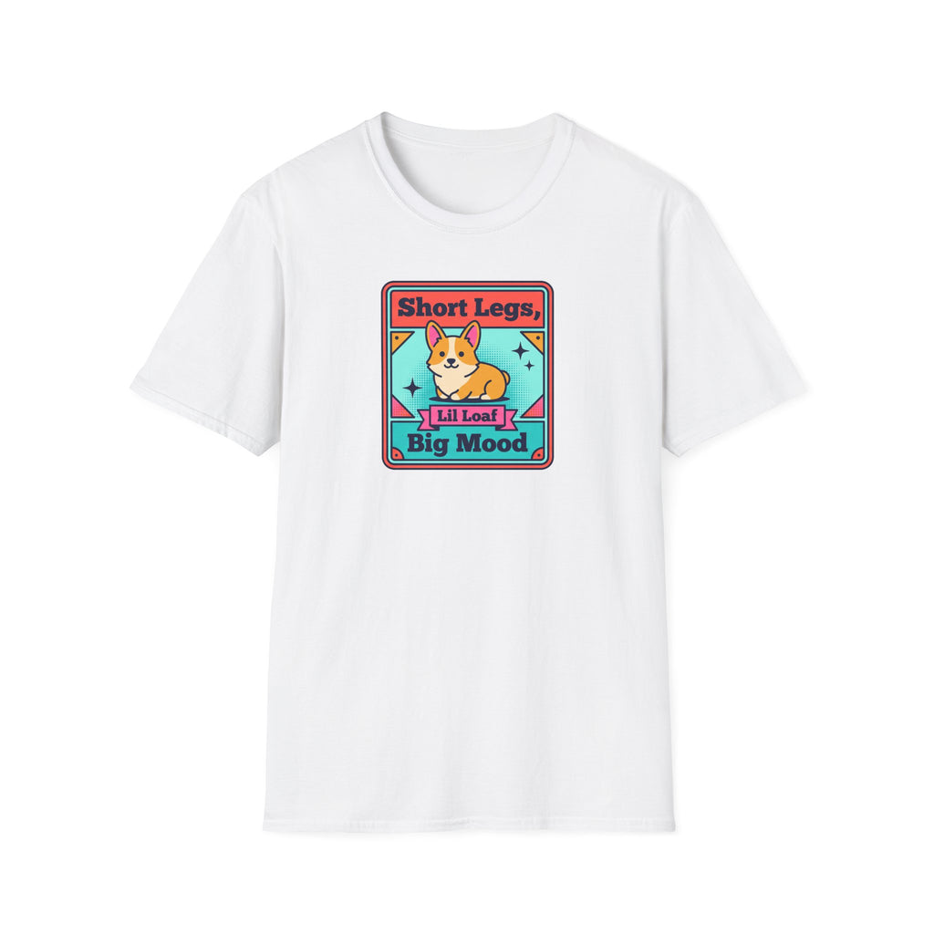 White short-sleeve T-shirt with centered square corgi graphic and “Short Legs” text