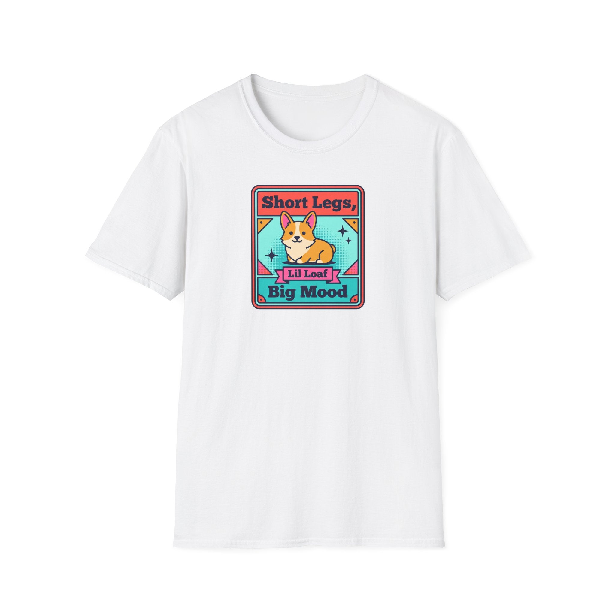White short-sleeve T-shirt with centered square corgi graphic and “Short Legs” text