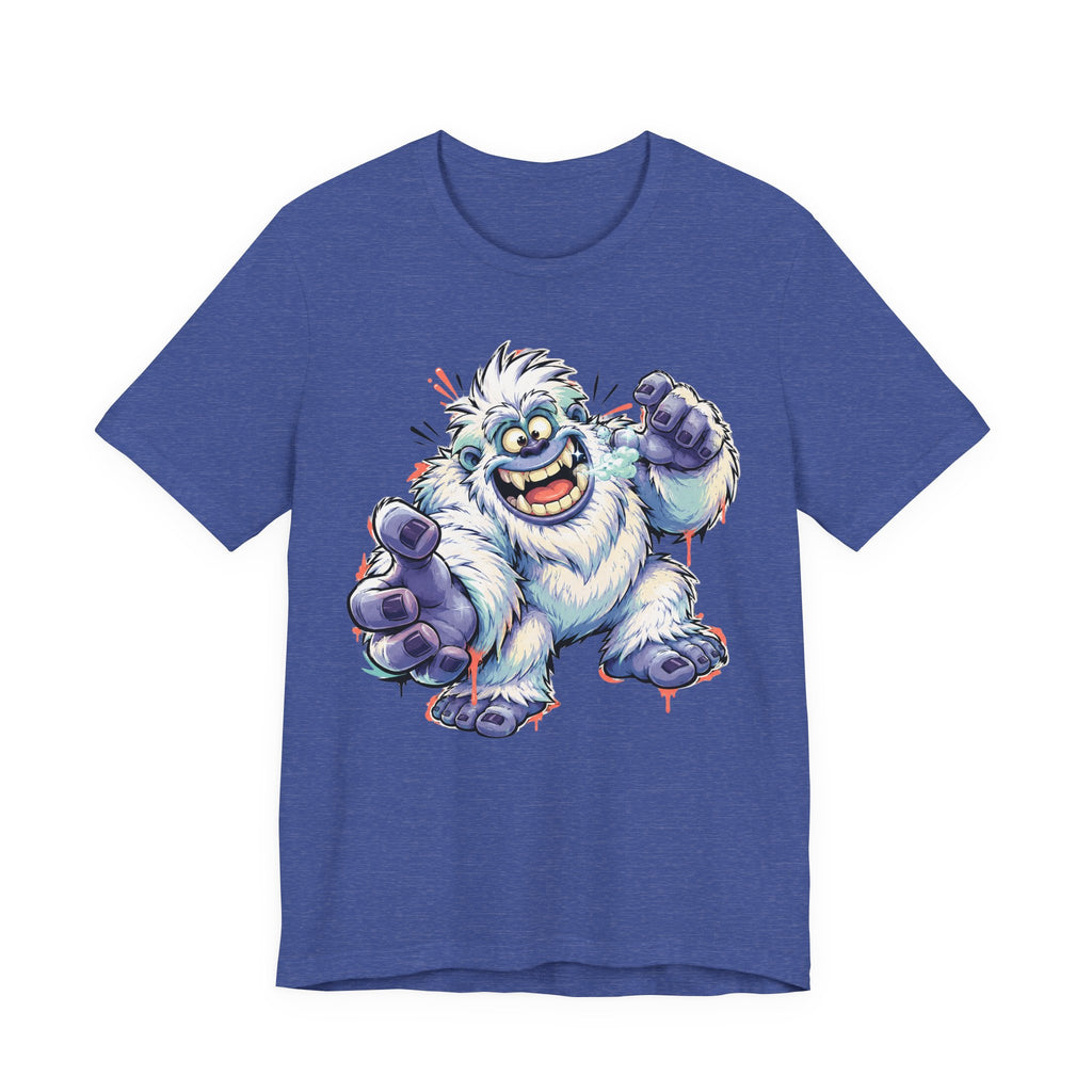 Royal blue monster t-shirt with cartoon yeti creature graphic waving and grinning
