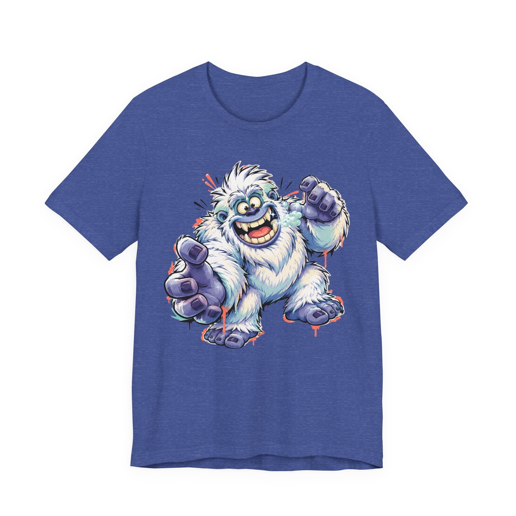 Royal blue monster t-shirt with cartoon yeti creature graphic waving and grinning