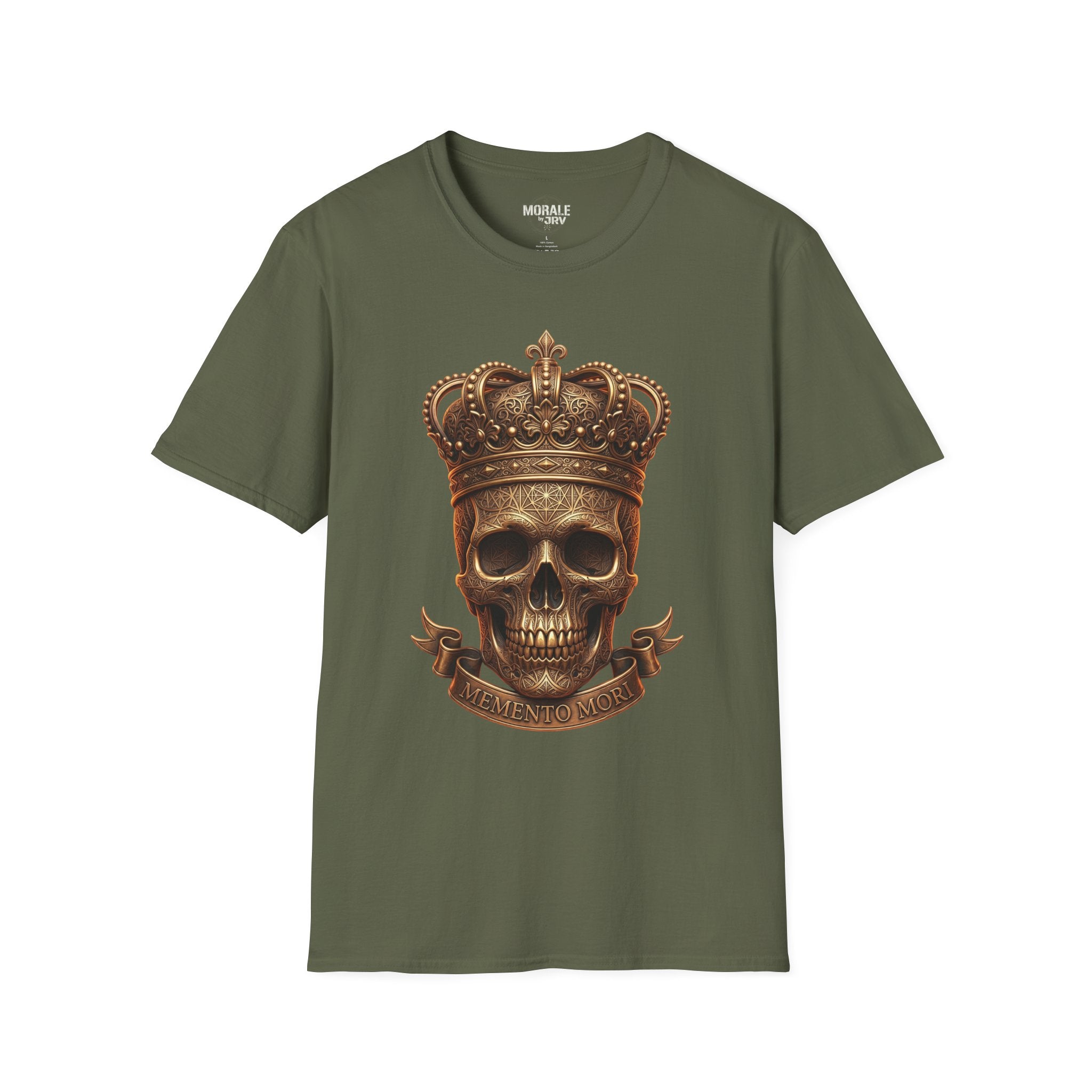 Military Green Crowned Skull T-Shirt featuring gold crowned skull banner
