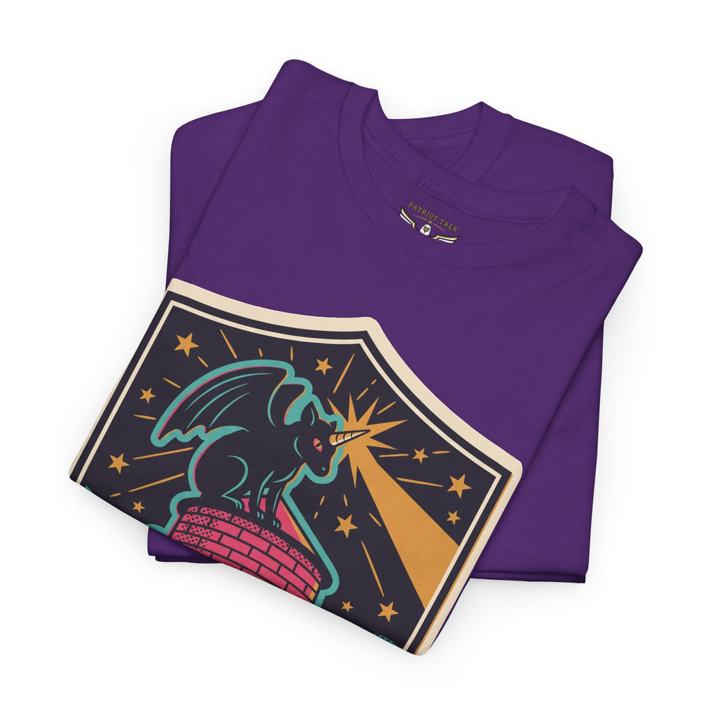 Purple crew neck T-shirt with colorful football-themed crest patch graphic