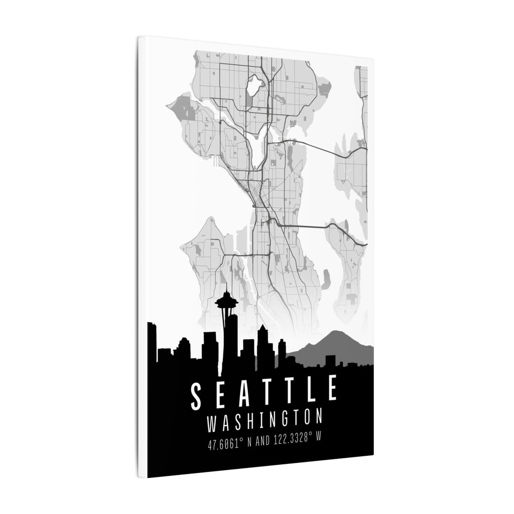 Seattle skyline map matte canvas with 0.75'' depth, city silhouette and “SEATTLE” text.