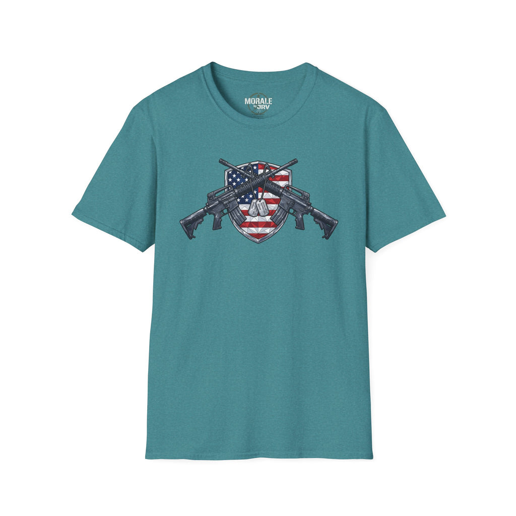 American flag skull shield T-shirt with crossed rifles, teal base