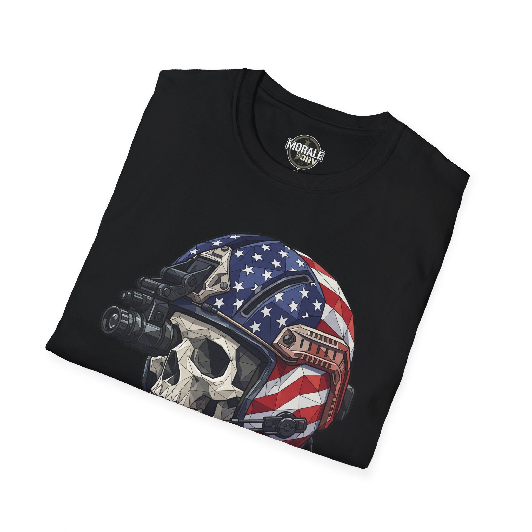 Skull tactical helmet T-shirt in black with American flag helmet and soldier graphic