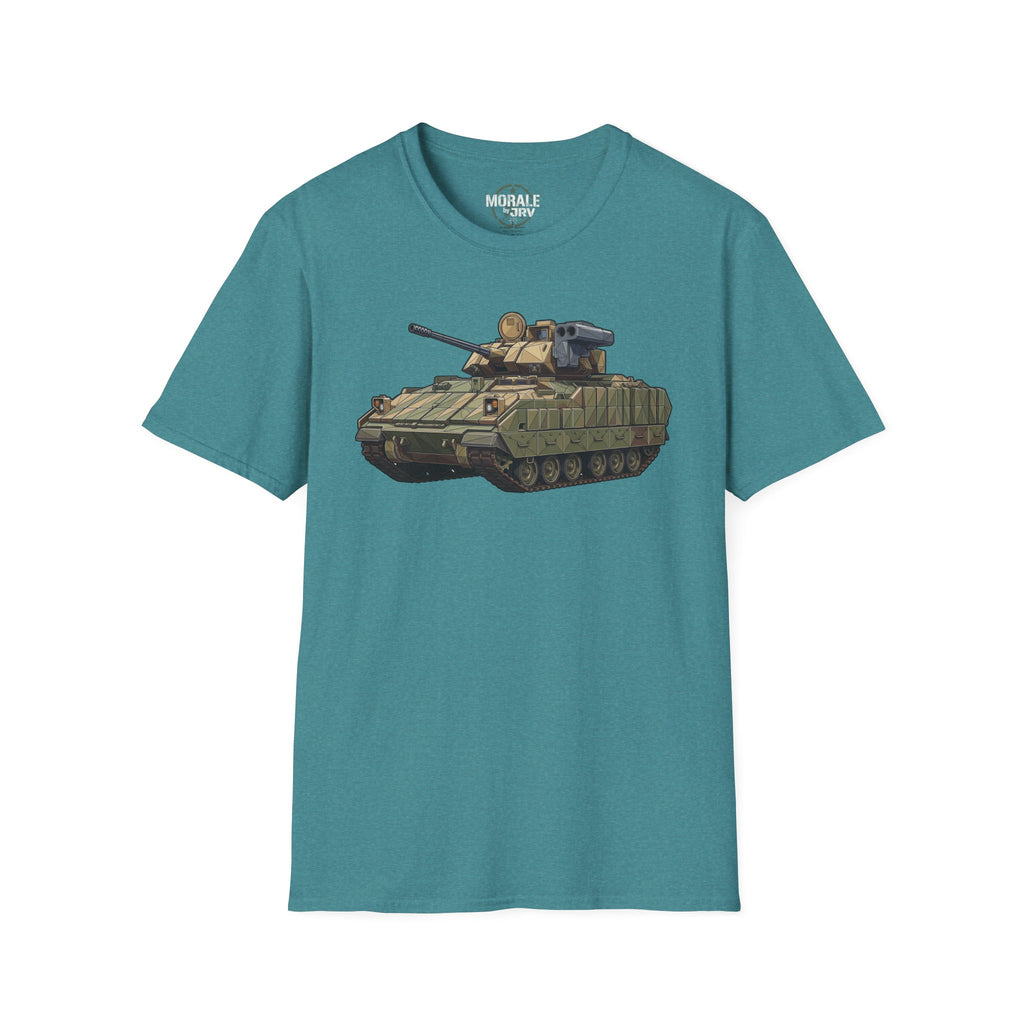 Teal tank T-shirt with armored vehicle graphic across chest
