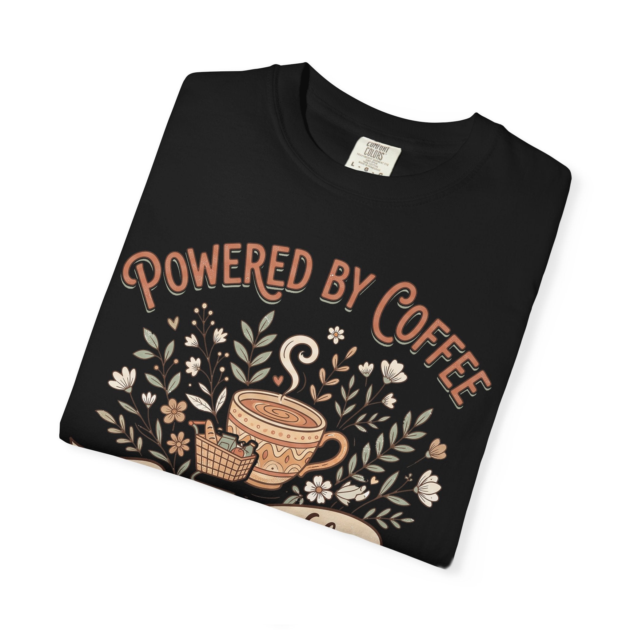 Black crewneck T-shirt with “Powered by Coffee” floral coffee graphic on front