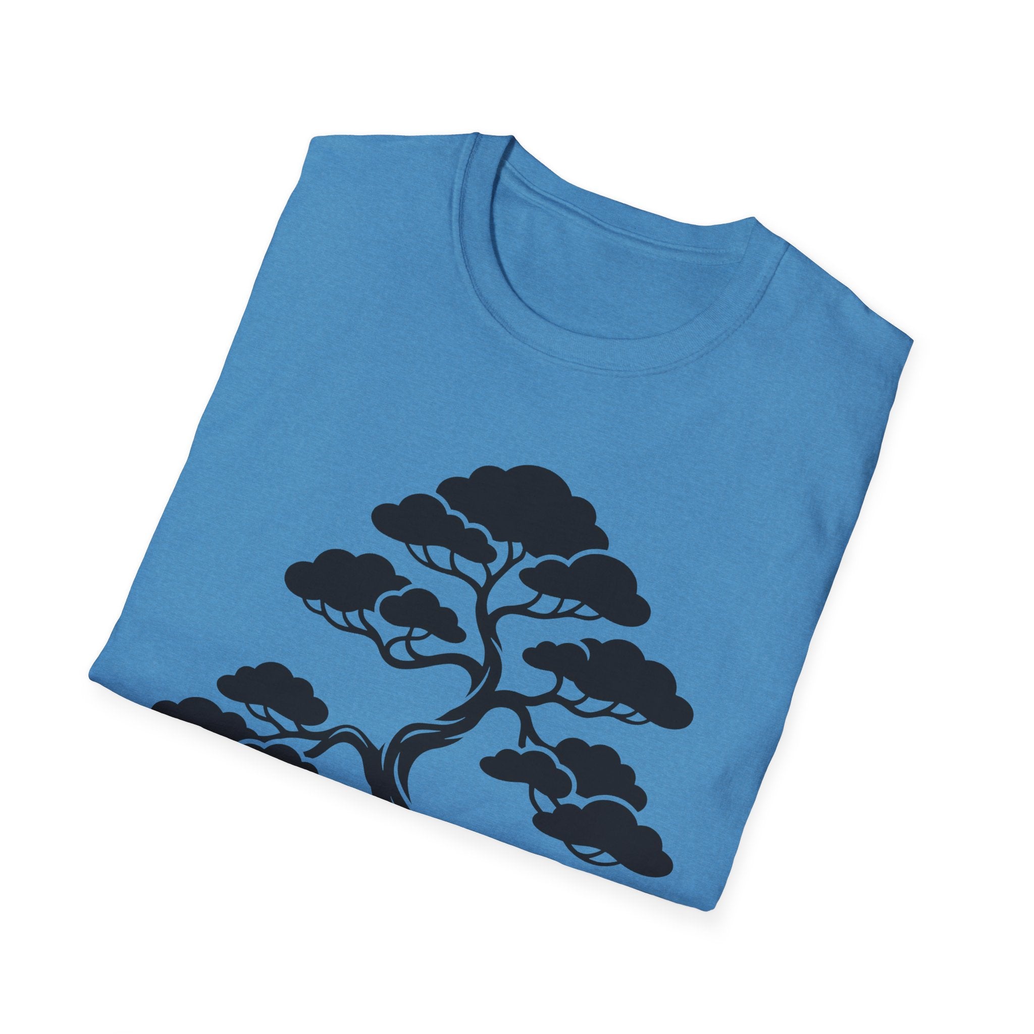 Blue t-shirt with bonsai tree graphic print in dark ink across the center