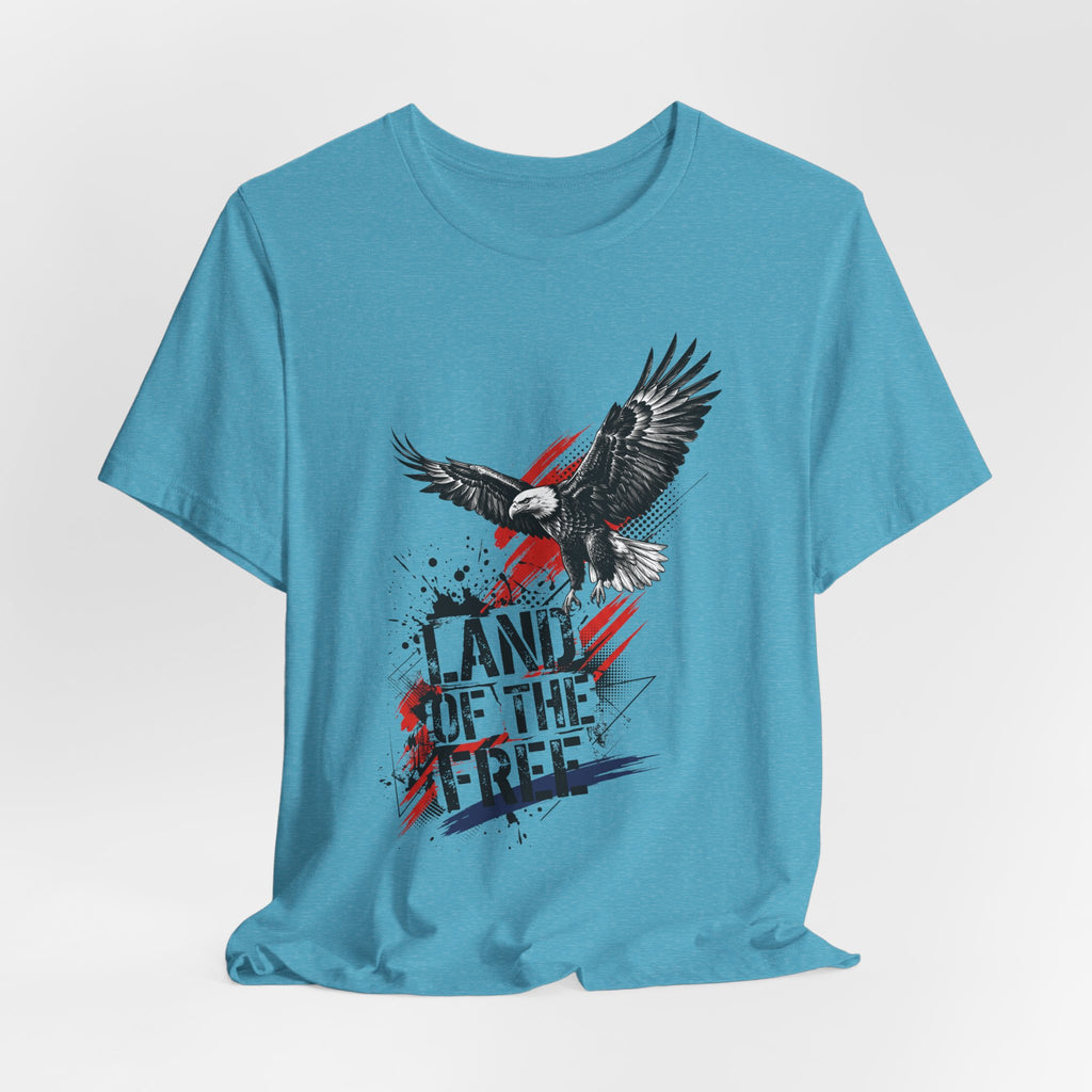 Teal eagle graphic T-shirt with distressed stars, red stripes, and 'LAND OF THE FREE' text