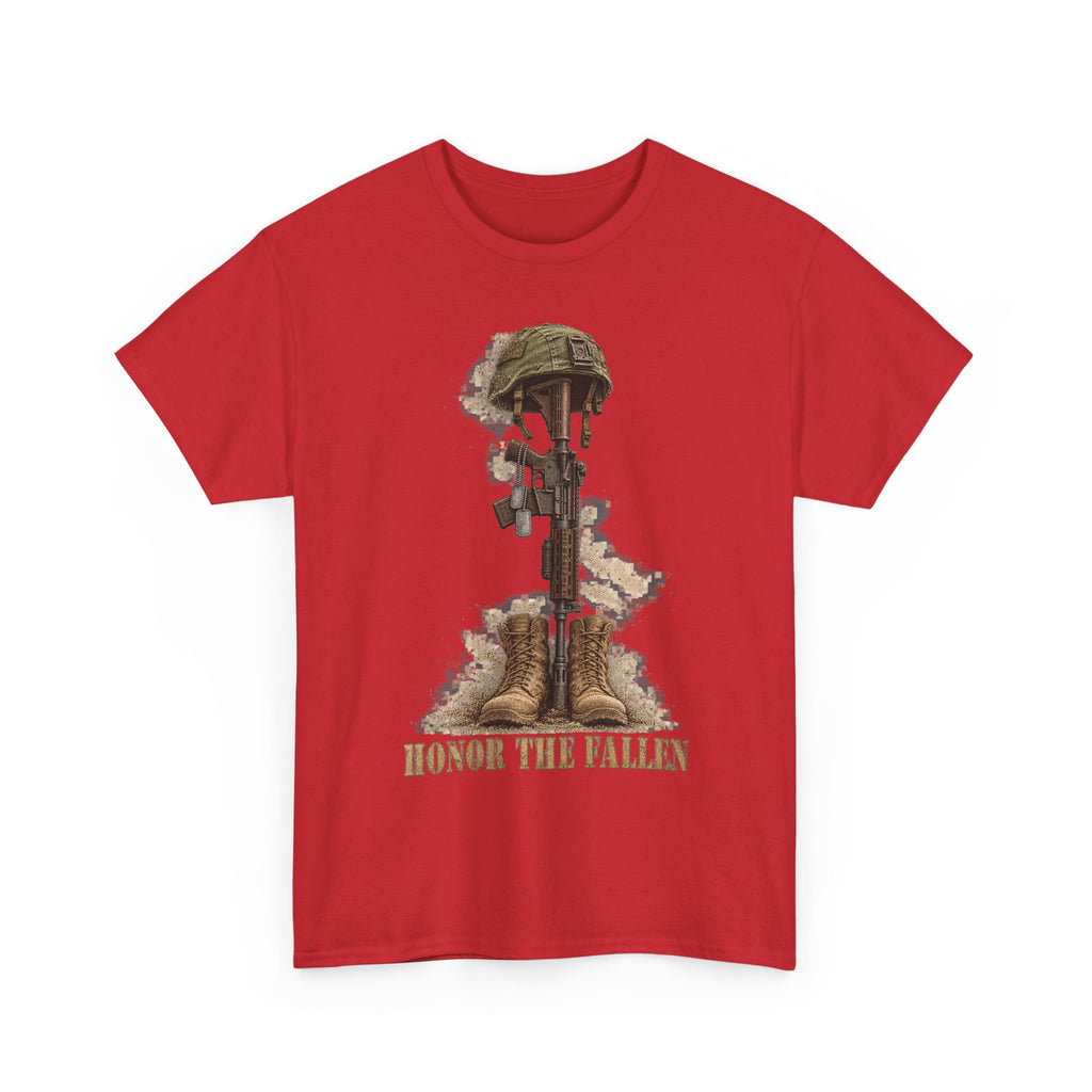 Red short-sleeve T-shirt with camo soldier helmet and rifle graphic, “HONOR THE FALLEN”