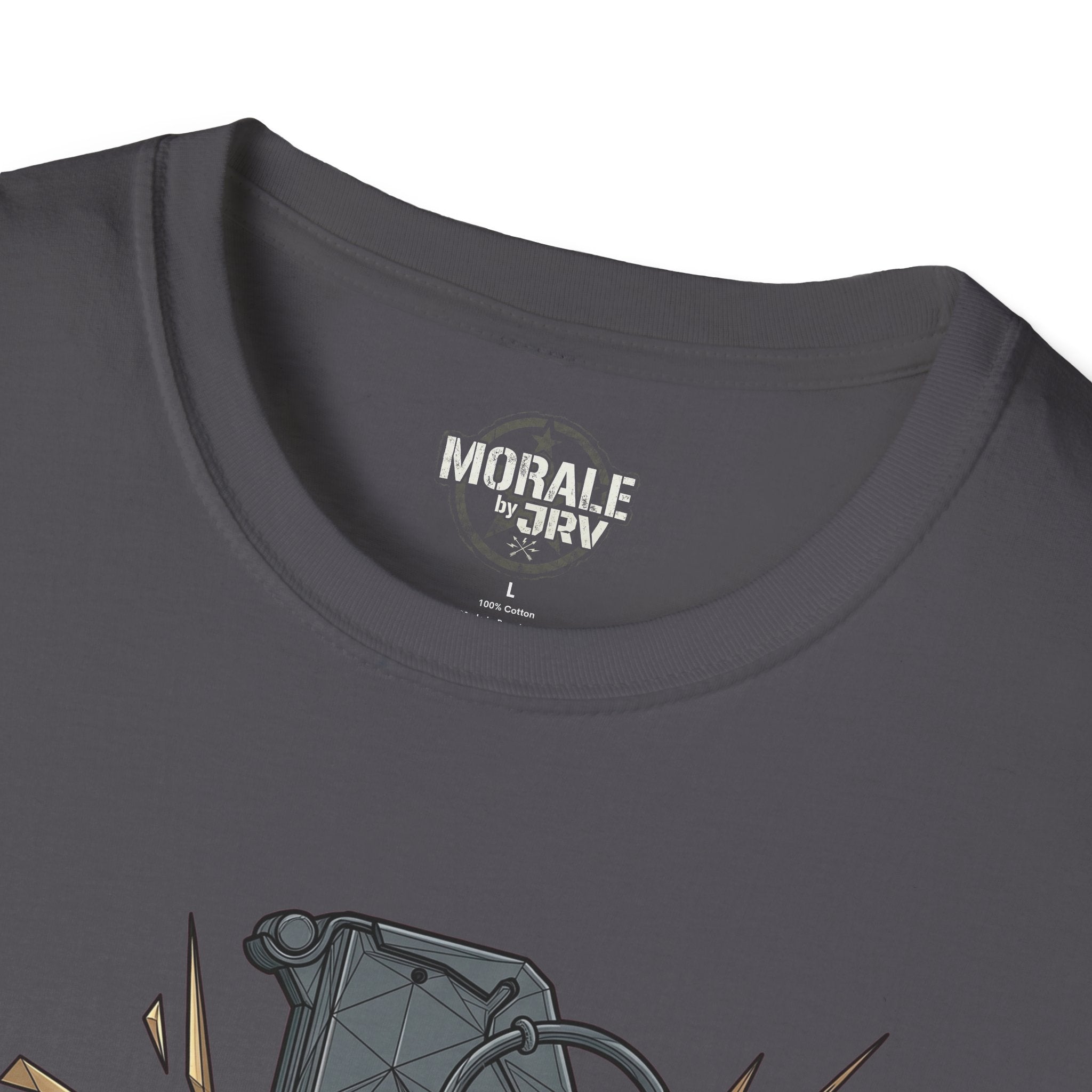 Charcoal T-shirt close-up of “Morale” neck label above grenade artwork