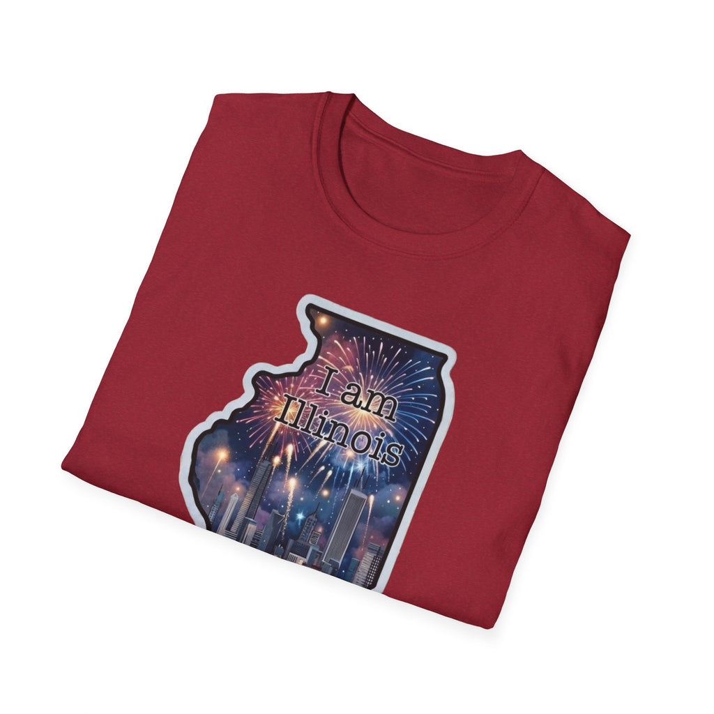 Illinois skyline state map T-shirt, maroon, “I am Illinois” fireworks skyline graphic