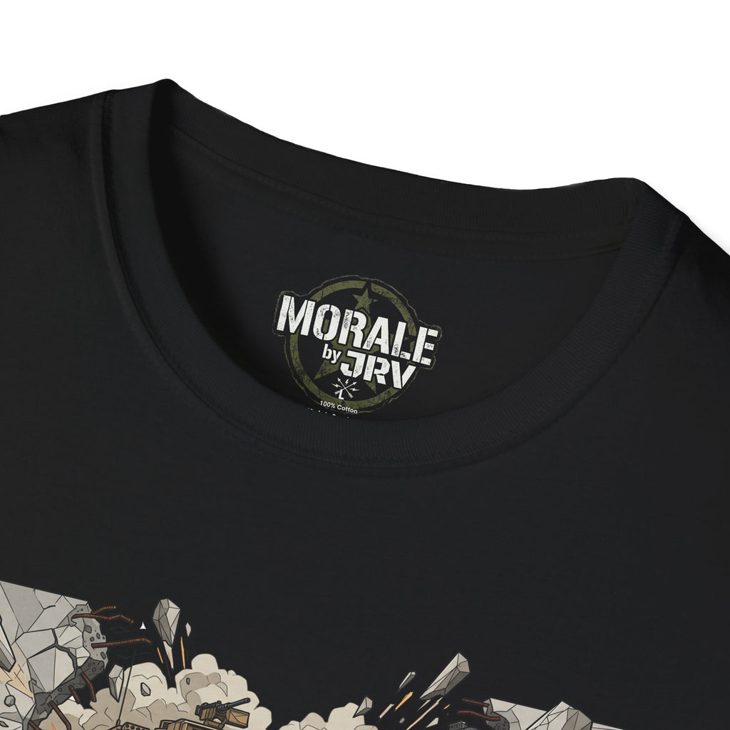 Black T-shirt neckline with small “MORALE by” logo patch