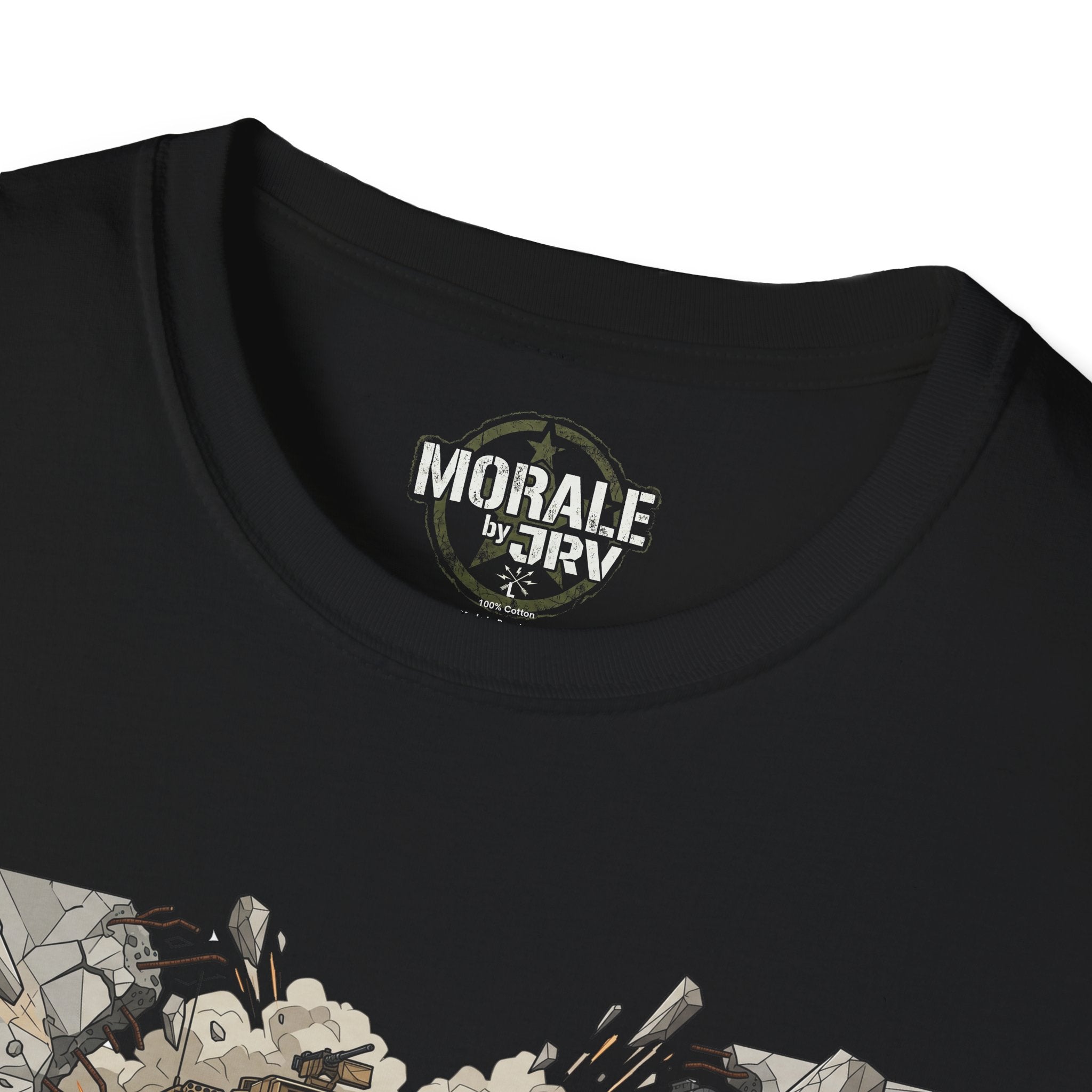Black T-shirt neckline with small “MORALE by” logo patch