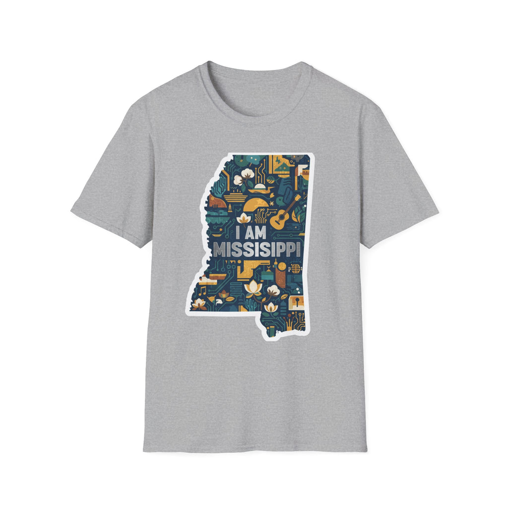 Sport Grey T-shirt with colorful Mississippi state map graphic and "I AM MISSISSIPPI"