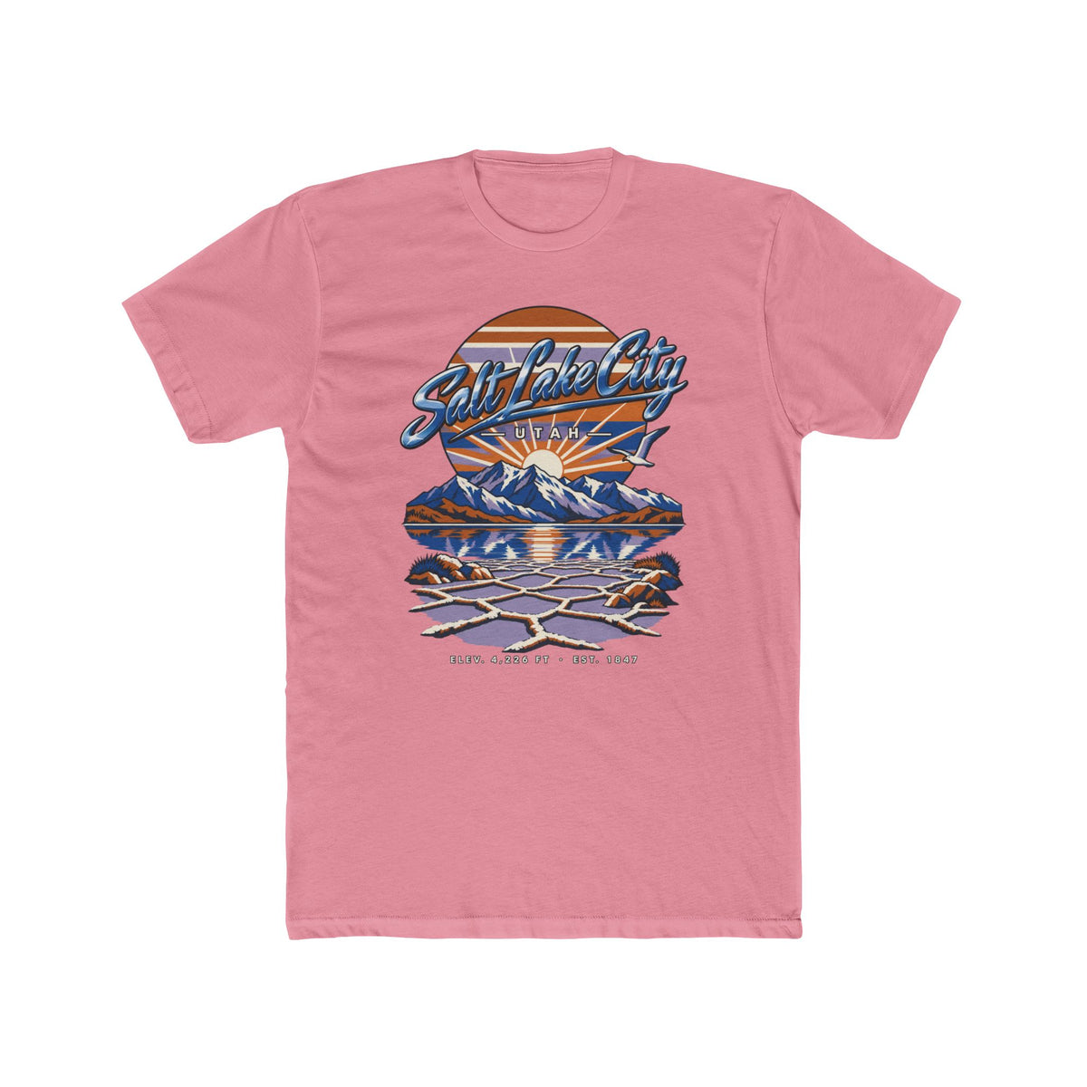 Light pink T-shirt with front Salt Lake City mountain and Great Salt Lake graphic