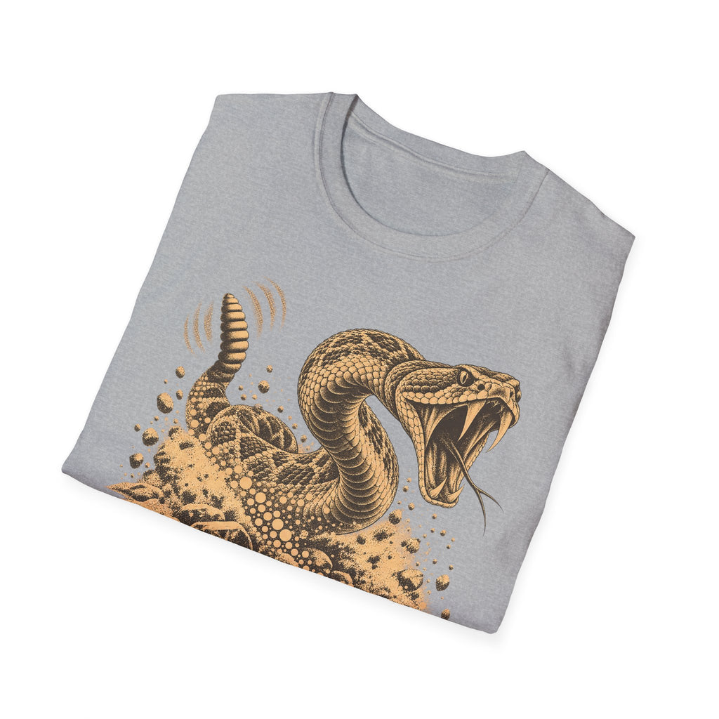 Sport gray crewneck T-shirt with coiled rattlesnake desert graphic in tan and gold