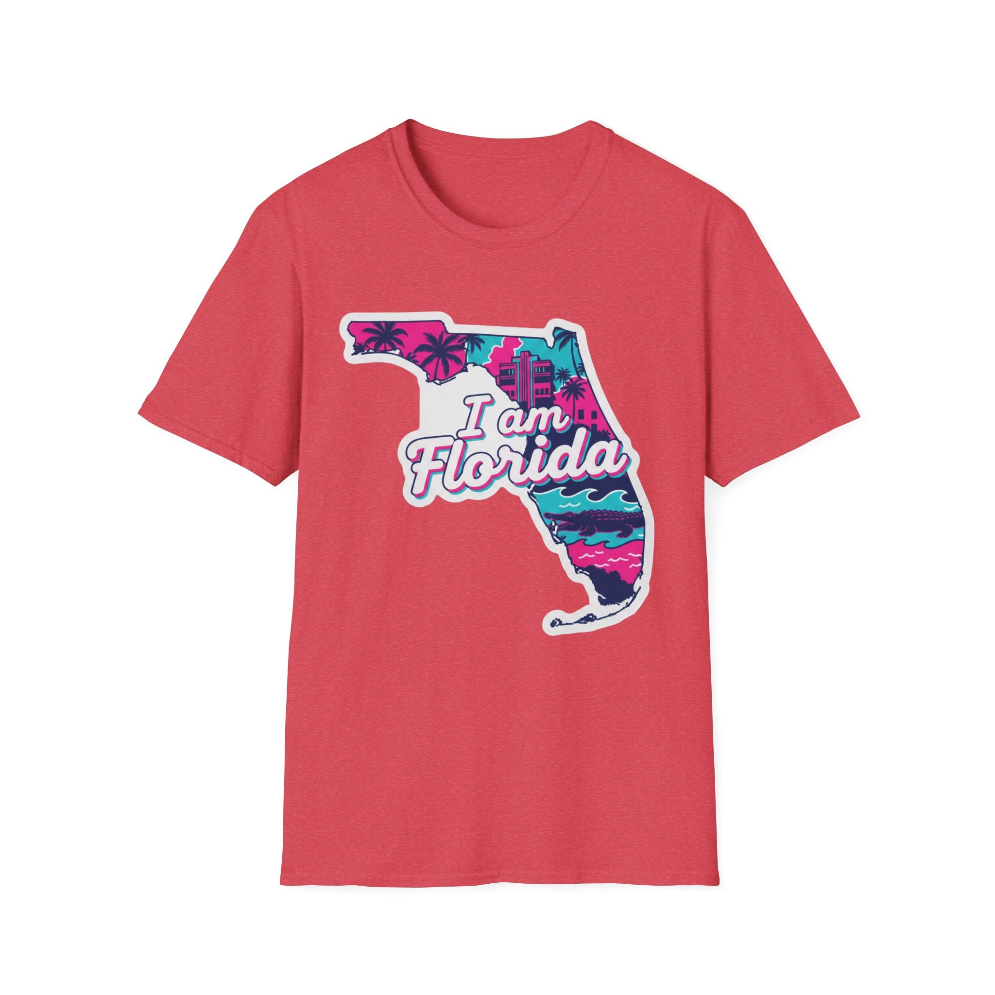 I am Florida map T-shirt in red, retro state outline with palm beach artwork