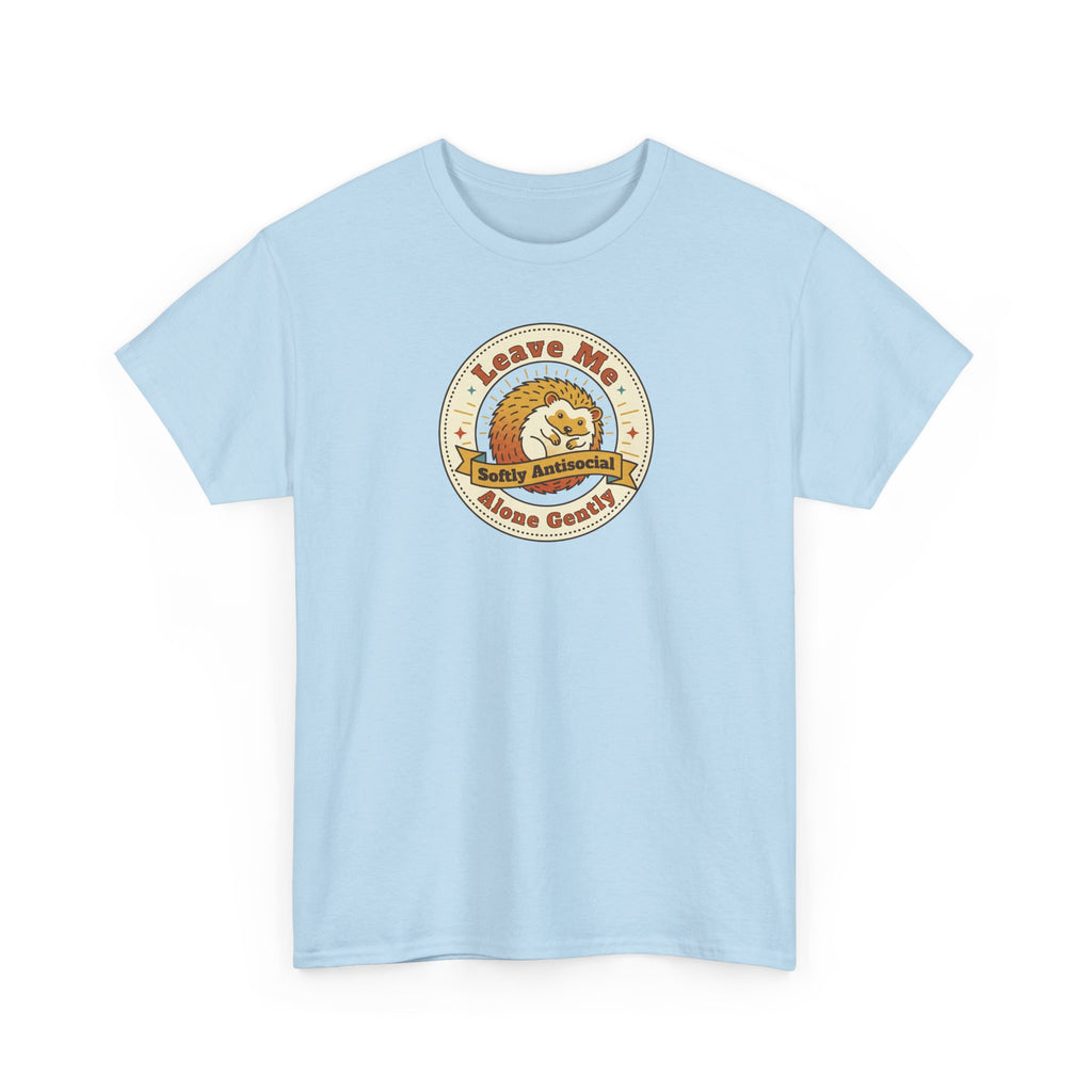 Light blue graphic t-shirt with circular hedgehog logo on chest