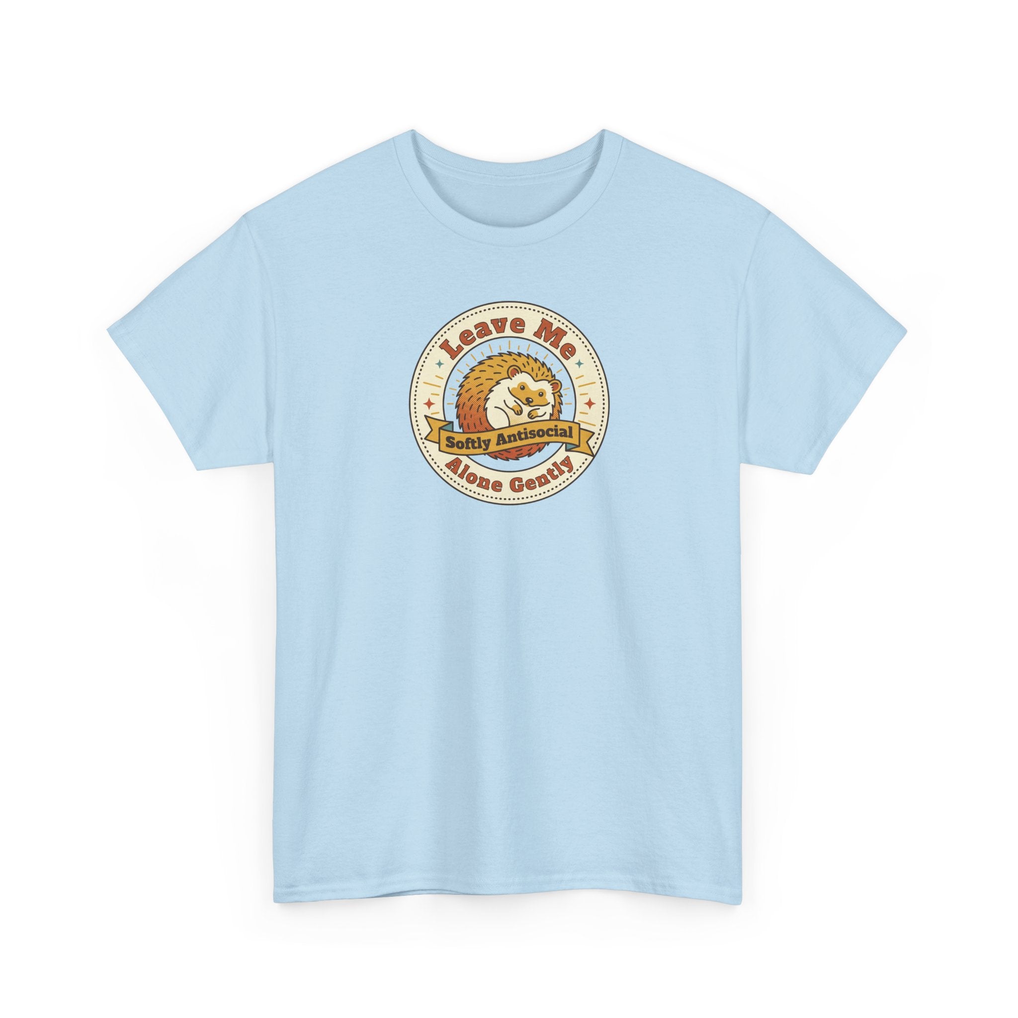 Light blue graphic t-shirt with circular hedgehog logo on chest