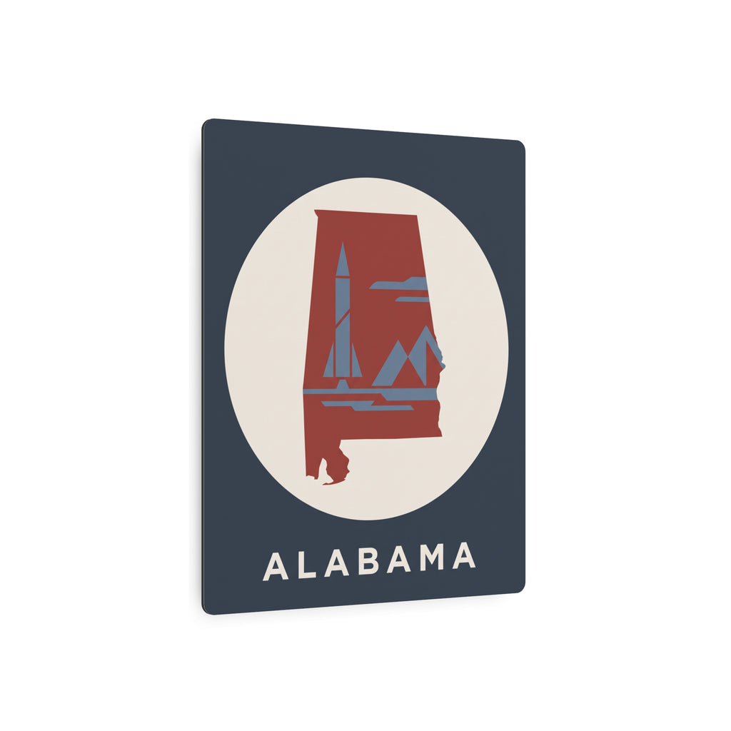 Alabama retro rocket metal wall sign, dark blue square with circular logo and 'ALABAMA'