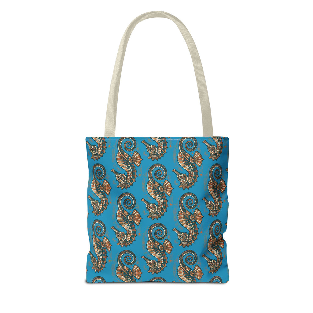 Blue square tote bag with steampunk seahorse pattern and beige handles