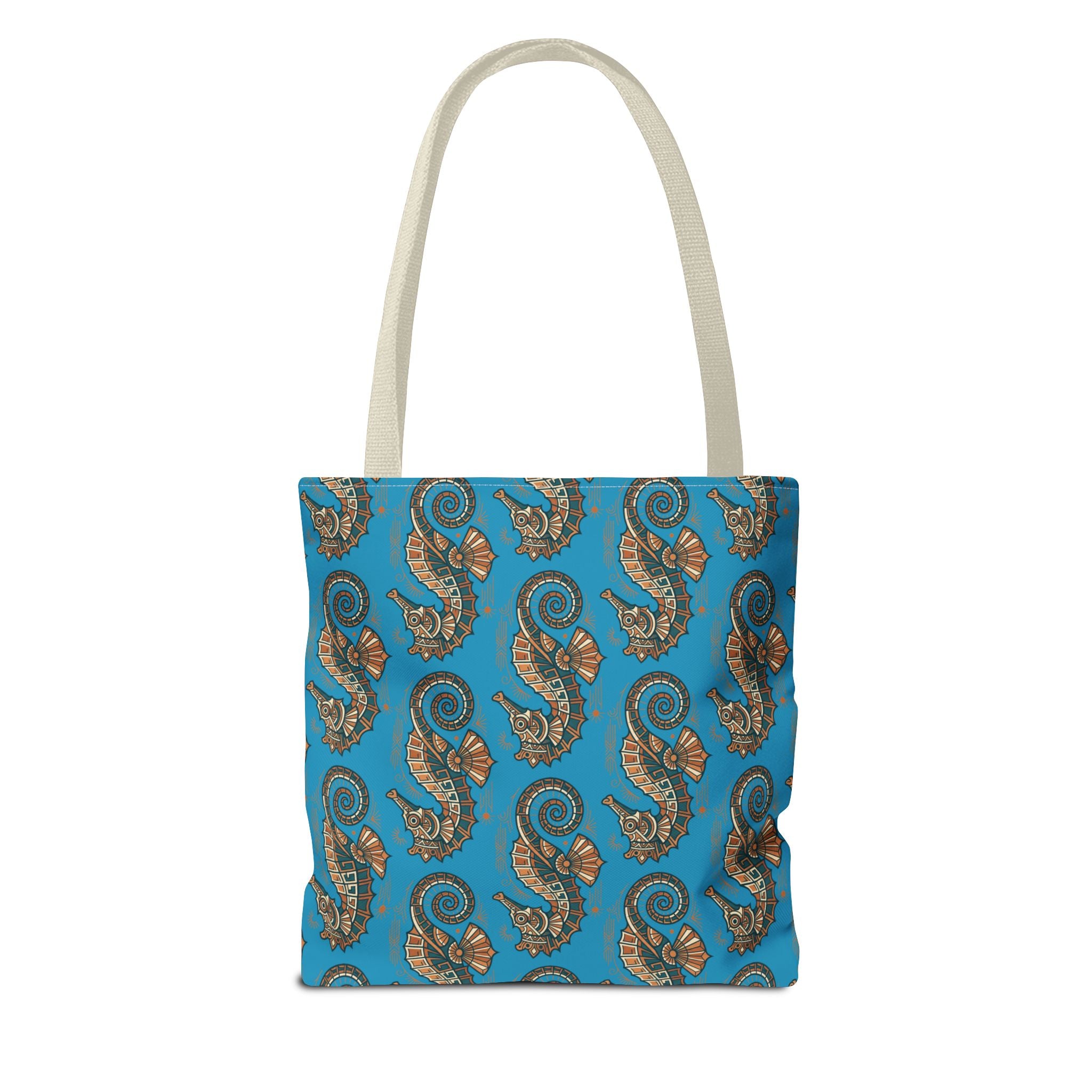 Blue square tote bag with steampunk seahorse pattern and beige handles