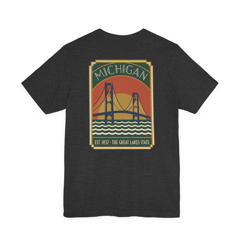 Dark gray T-shirt with Michigan bridge art deco graphic and Est. 1837 print