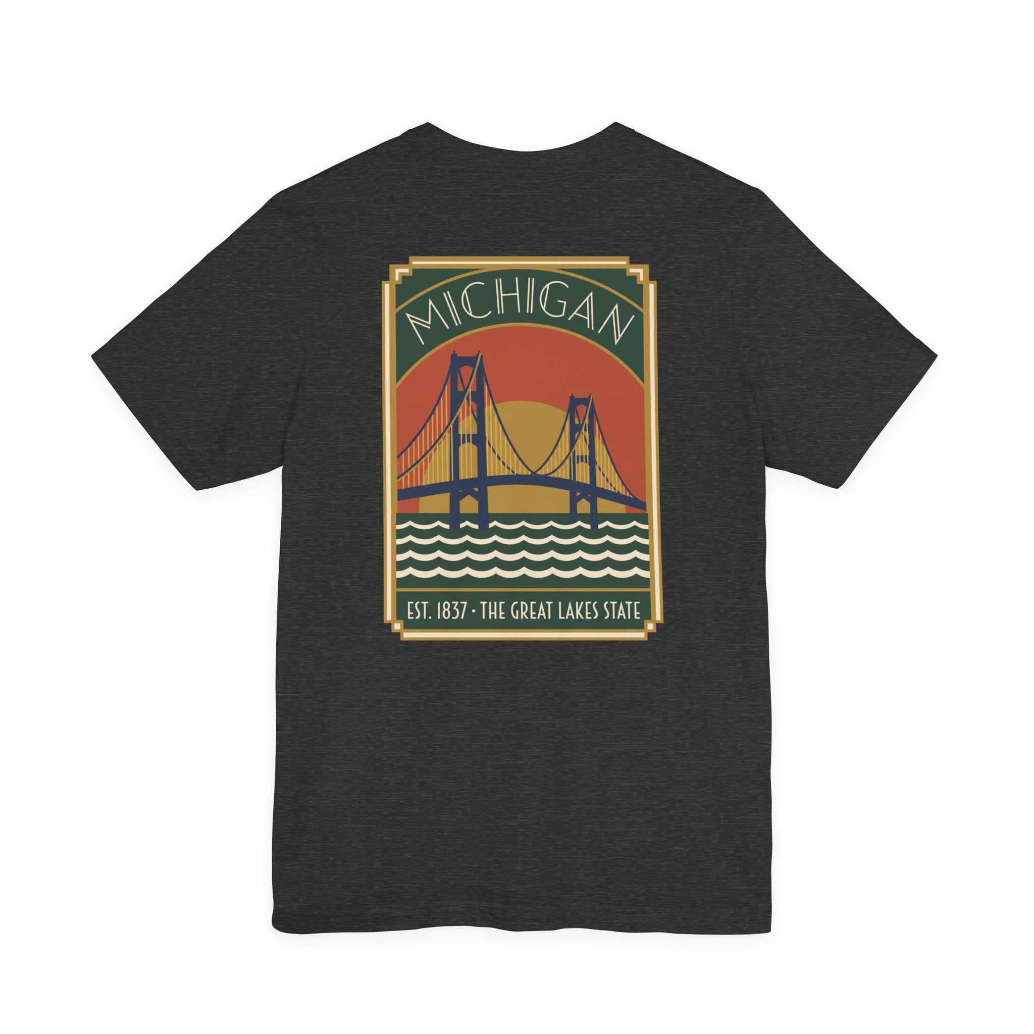 Dark gray T-shirt with Michigan bridge art deco graphic and Est. 1837 print