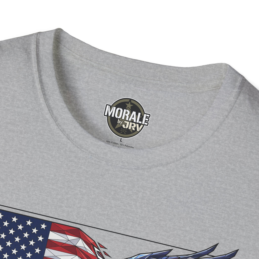 Sport grey T-shirt neckline with “Morale by Ari…” logo and top of graphic