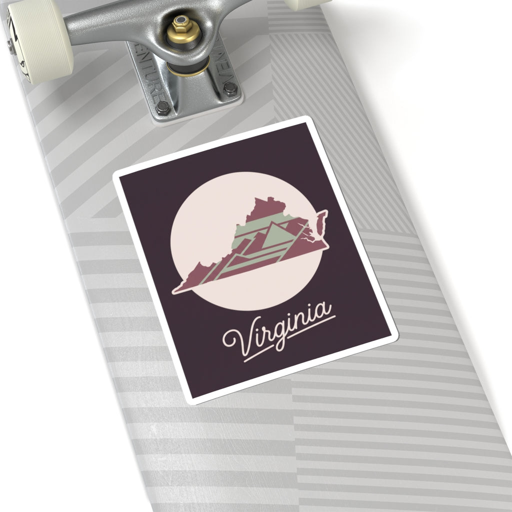 Virginia decal on a luggage tag with state silhouette and “Virginia” script