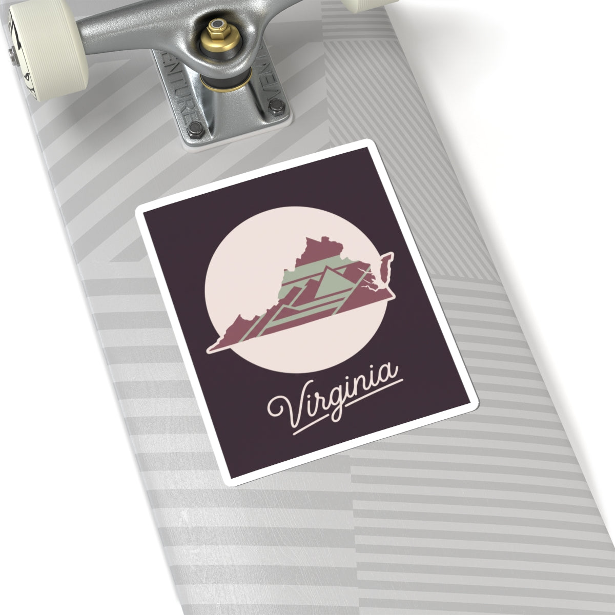 Virginia decal on a luggage tag with state silhouette and “Virginia” script