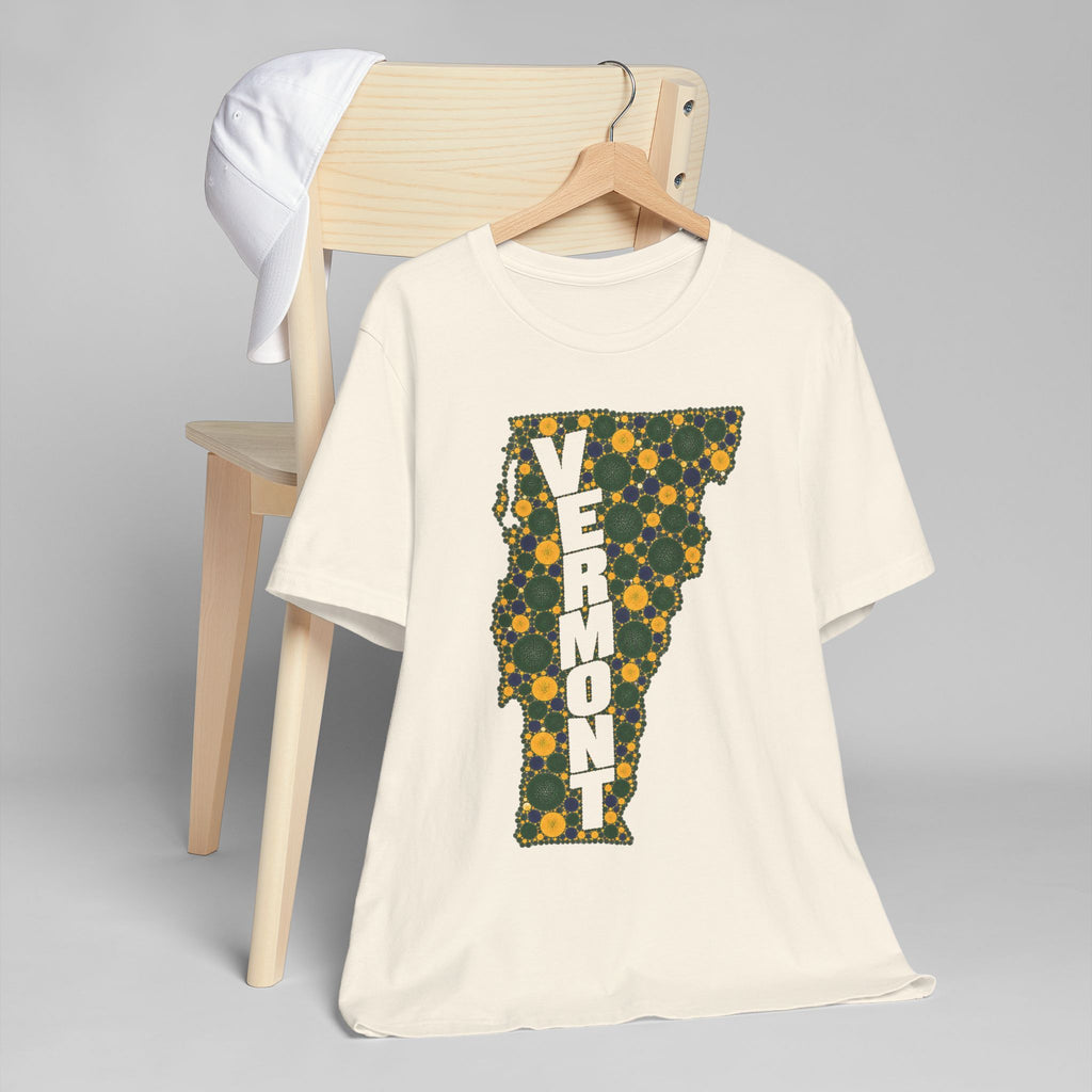 Vermont floral map graphic T-shirt, white with green and gold Vermont outline design
