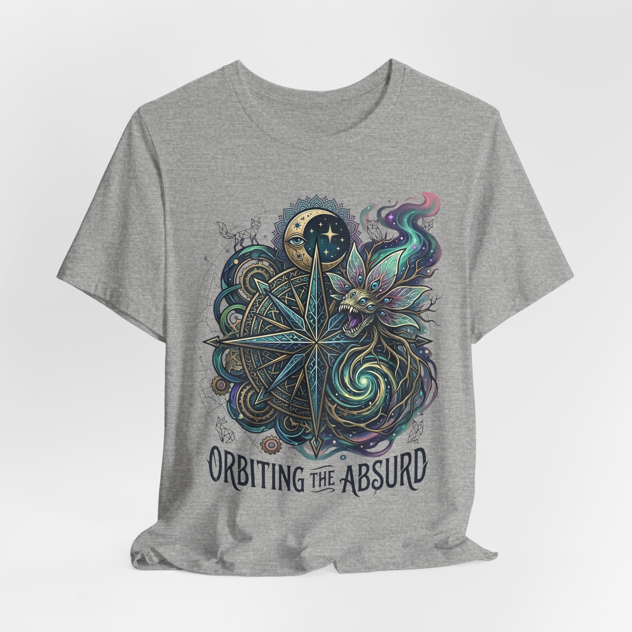 Celestial Compass T-Shirt (Athletic Heather) “ORBITING THE ABSURD” front print