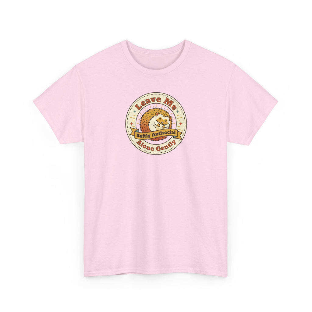 Light pink crewneck T-shirt with round hedgehog graphic on chest
