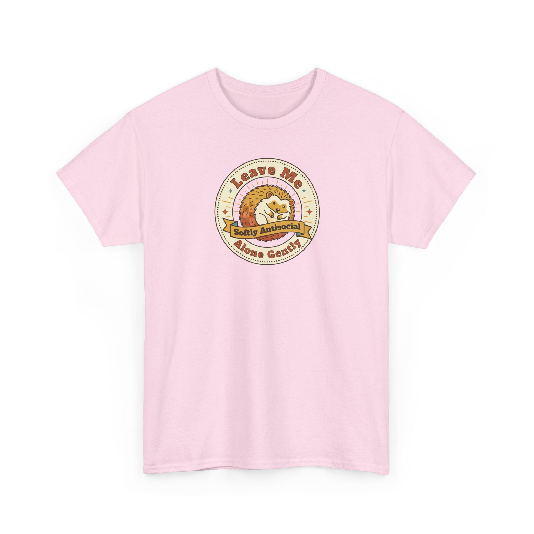 Light pink crewneck T-shirt with round hedgehog graphic on chest