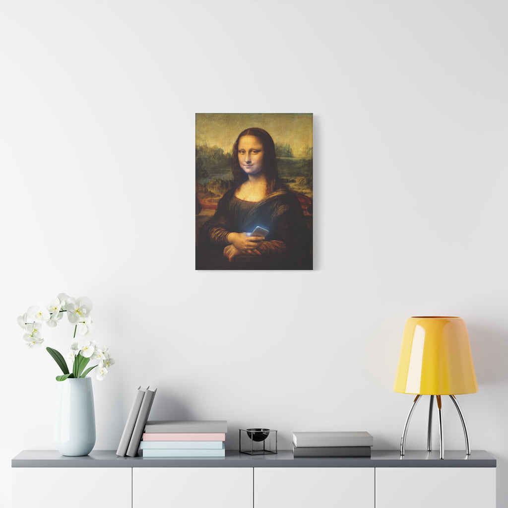 Matte canvas print of Mona Lisa holding a smartphone, small square wall art