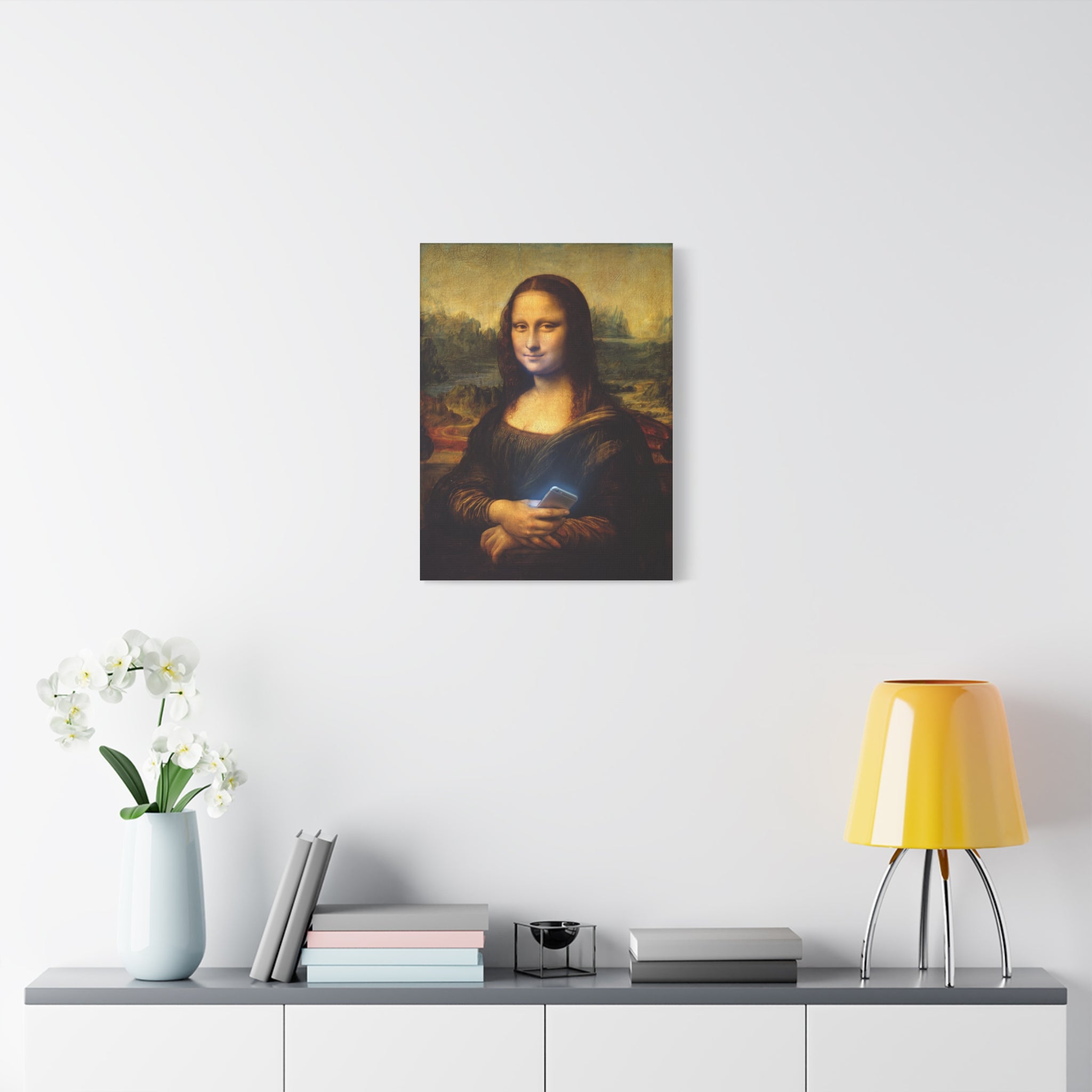 Matte canvas print of Mona Lisa holding a smartphone, small square wall art