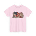 Light pink short-sleeve crewneck T-shirt with weathered waving American flag graphic