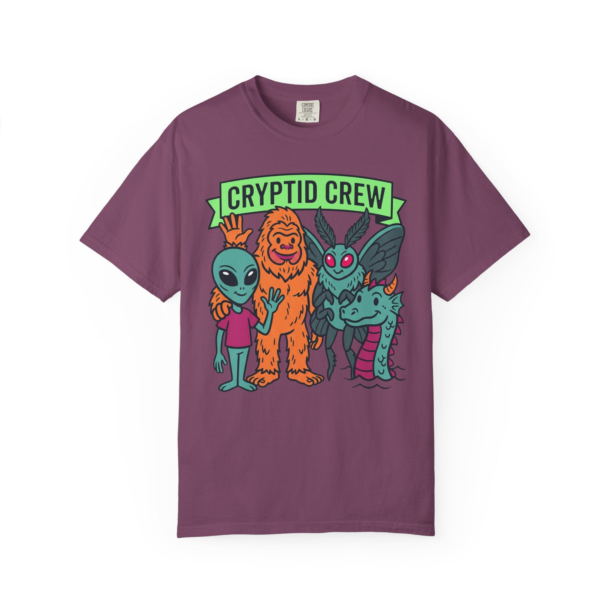 Plum Cryptid Crew T-shirt with green CRYPTID CREW banner and creature art