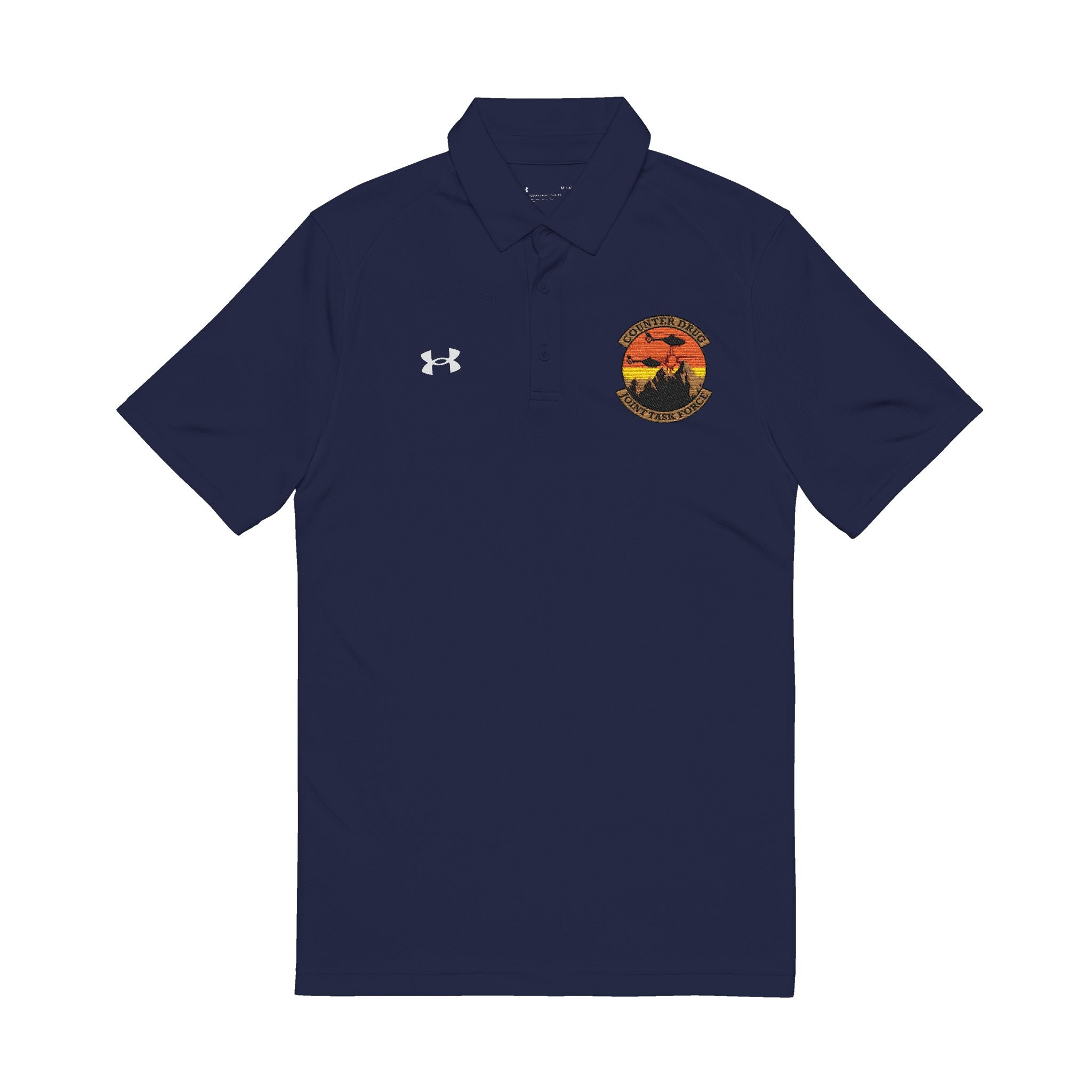Navy men’s performance polo shirt with embroidered crest and UA logo at chest