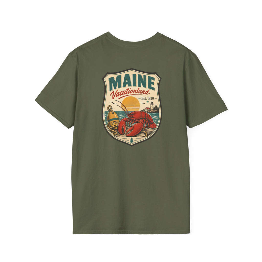 Olive green Maine graphic T-shirt with shield logo and lobster artwork on chest