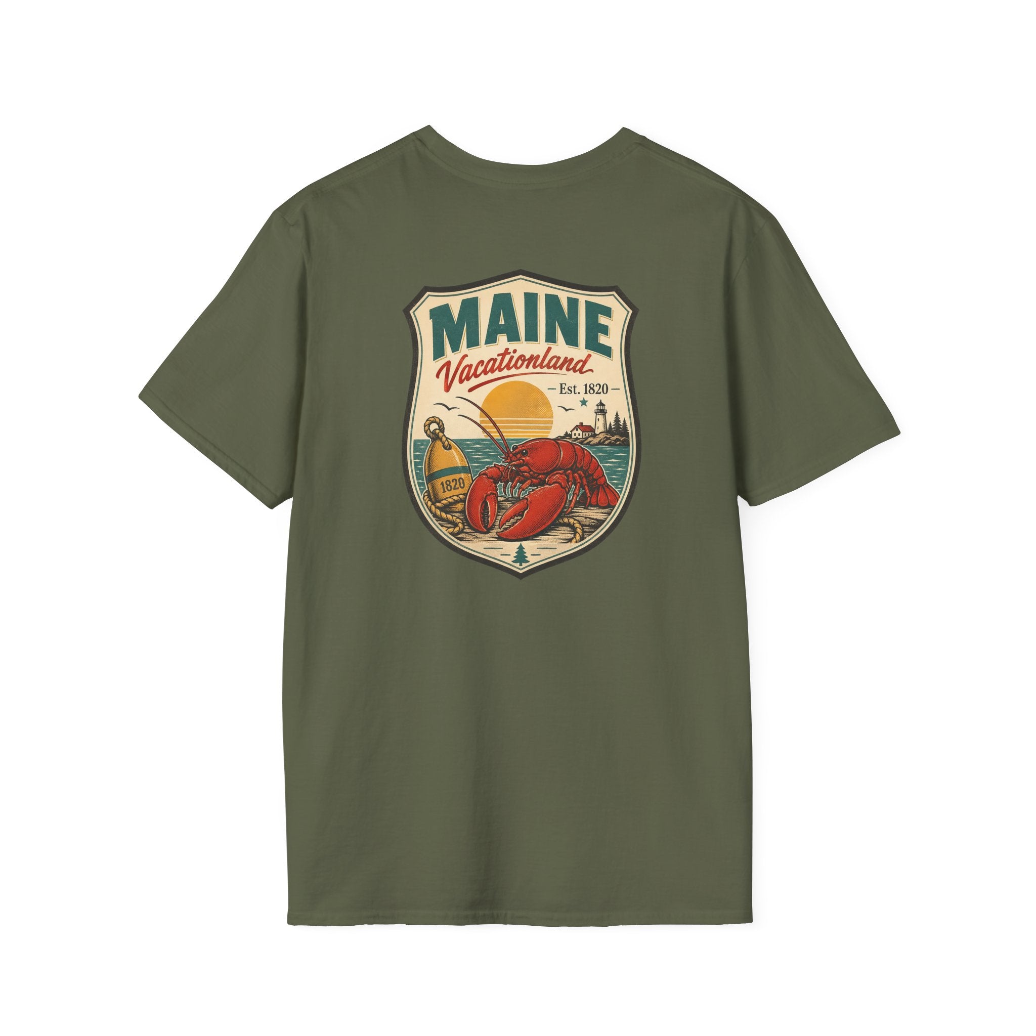 Olive green Maine graphic T-shirt with shield logo and lobster artwork on chest