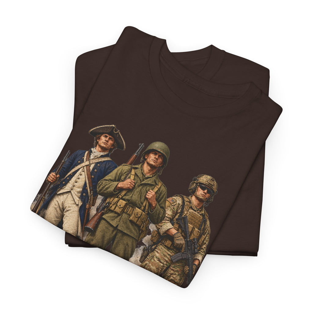 Dark brown T-shirt with vintage soldiers graphic on front, crew neck short sleeves.