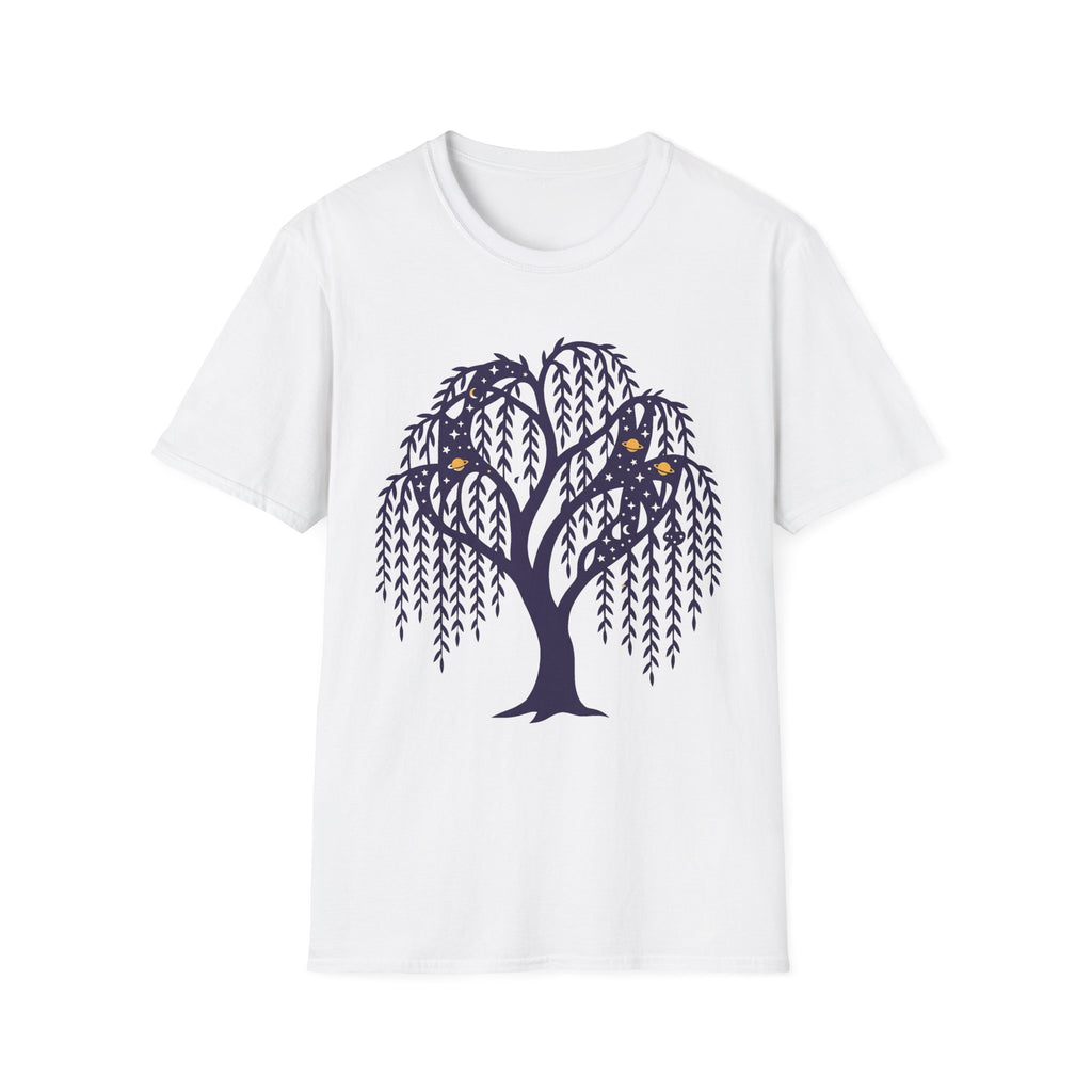 White T-shirt with dark blue weeping willow night owl graphic on the chest