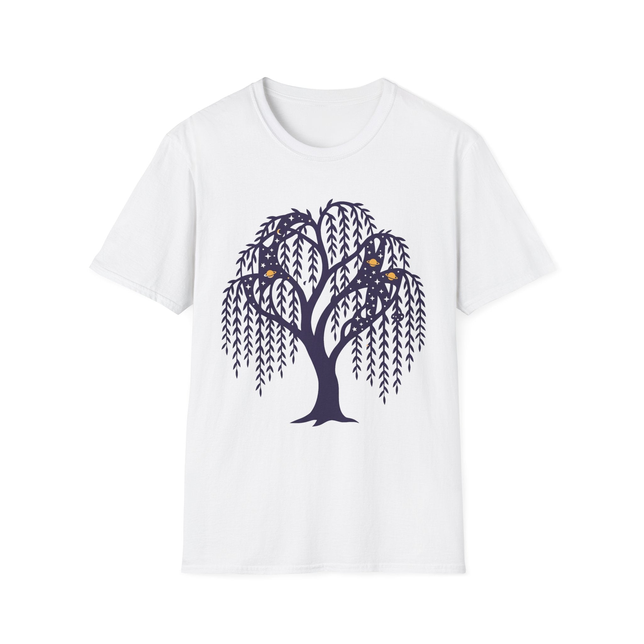 White T-shirt with dark blue weeping willow night owl graphic on the chest