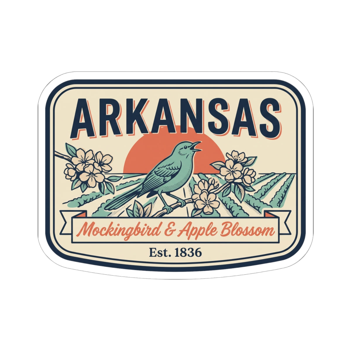 Arkansas state sticker badge with “Mockingbird & Apple Blossom” banner and “Est. 1836”