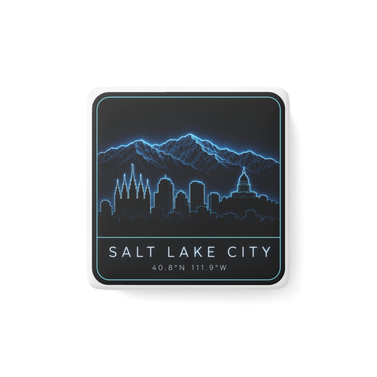 Square porcelain magnet with neon blue Salt Lake City skyline and mountain outline