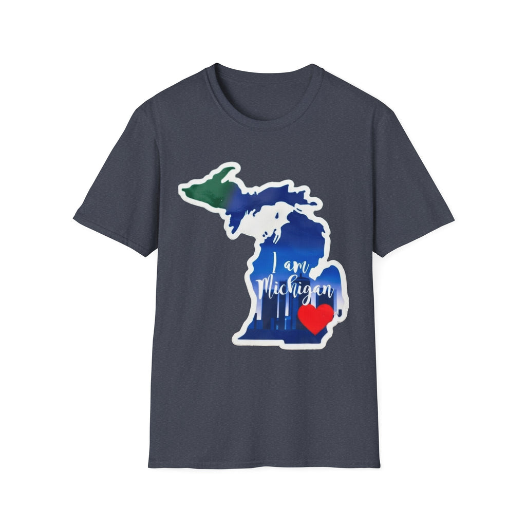 Charcoal Michigan map T-shirt with blue state outline, red heart, and “I am Michigan”
